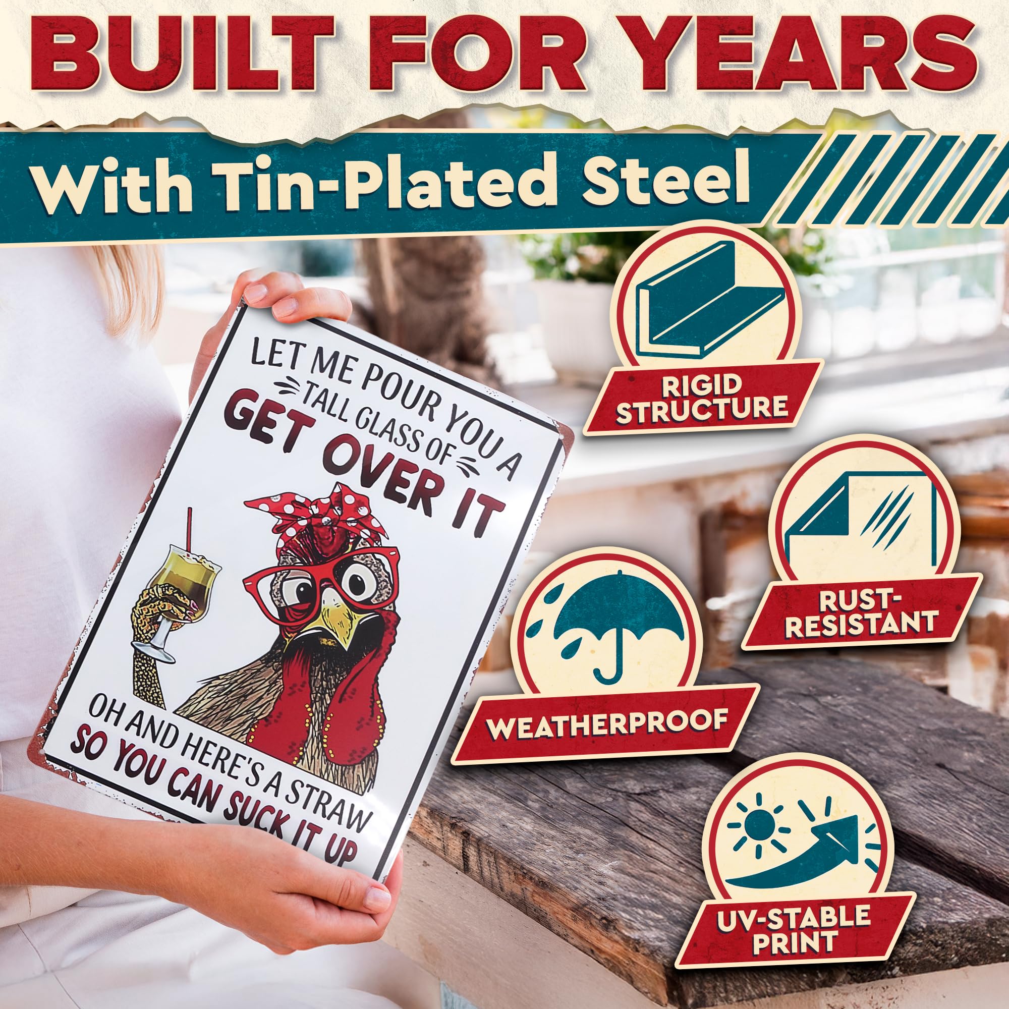 Let Me Pour You a Tall Glass of Get Over It Tin Sign 8x12 - Metal Funny Chicken Coop Signs for Outside - Rustic Tin Farmhouse Wa